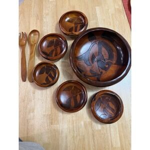 Vintage Monkey Pod Wood Fish Salad Bowl Set 8pc MCM Tiki Tropical Serving